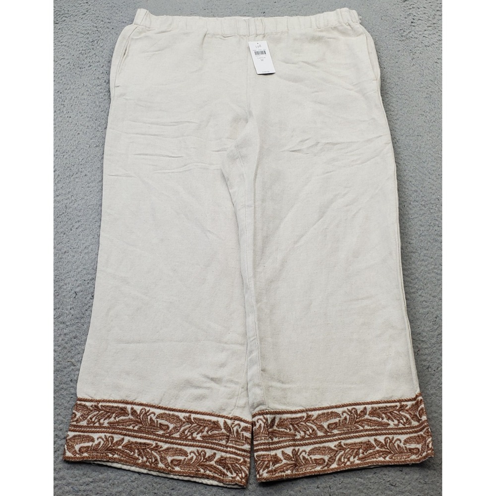 J. Jill Wide Leg Crop Pants Womens M Multi Linen Blend Embroidered Floral Hem